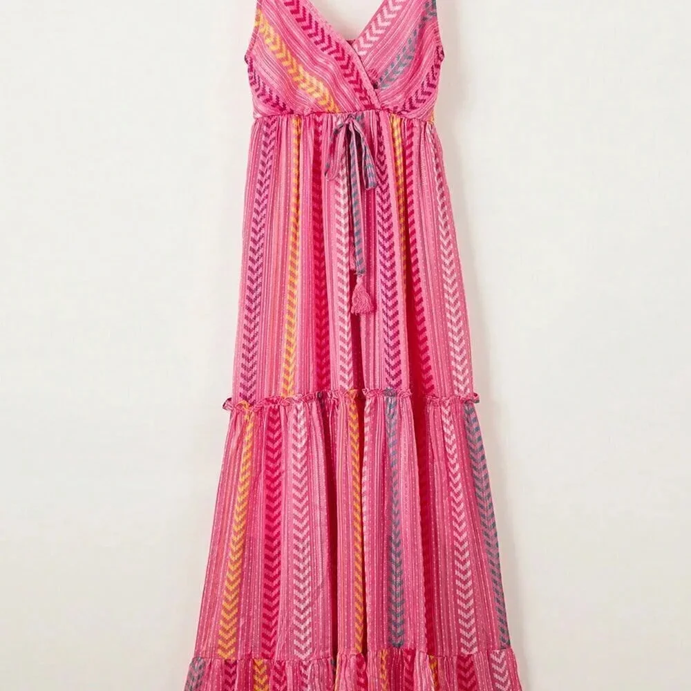 Hot Pink Boho Women's Western Geometric Tie Ruffle Halter Long Dress - Picture 6 of 8